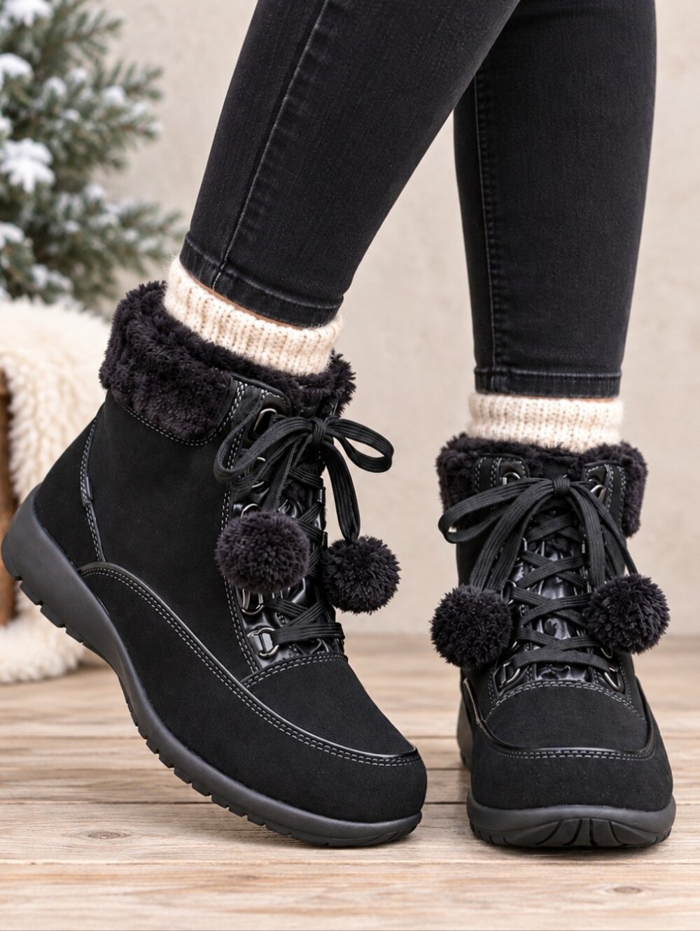 Sporto NEW Amanda Y2K Apres Ski Suede Lace Up Pom Pom Cozy Winter Boots 9.5M